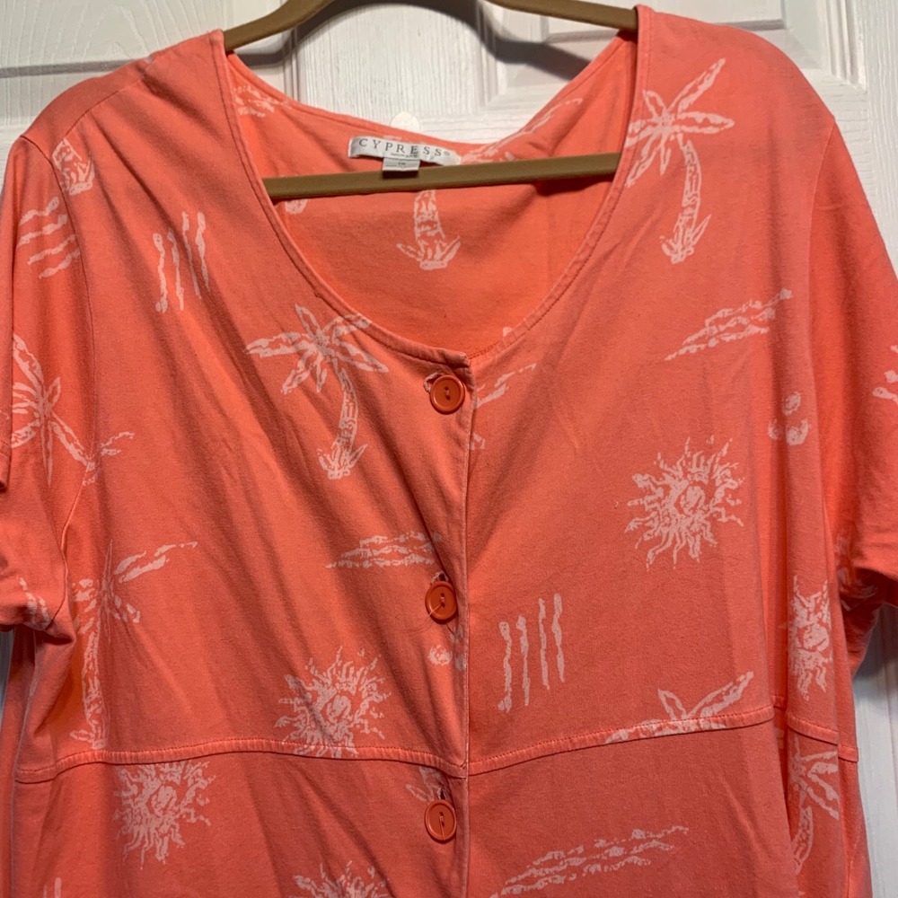 Cypress Tropical Palm Tree Button Front Cover Up 1X Coral Pink Cotton Pocket - Picture 7 of 9